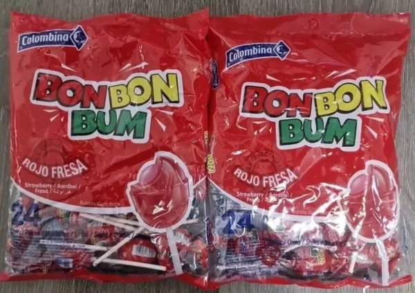 Colombina Bon Bon Bum  Fresa Strawberry Bubble Gum Pops 24 units - Bundle of 2