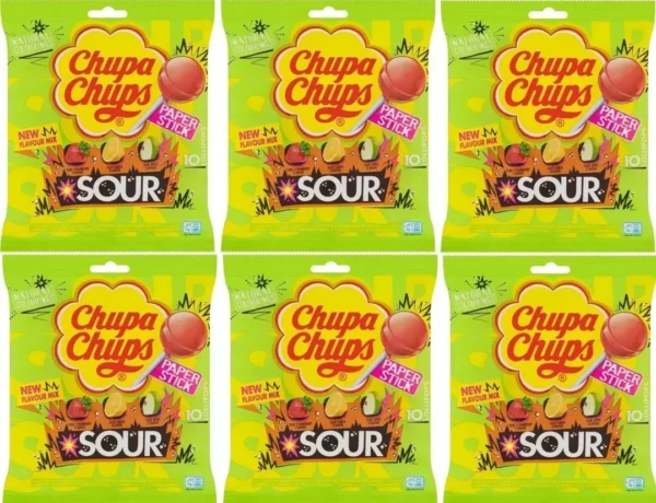 Chupa Chups Lollys Sour  Lollipop 10 Pack (60 Lollies) Sweet Party Bags 6 Pack